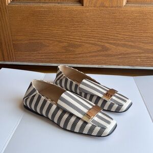 Sergio Rossi Black White Stripe Jacquard Embellished Loafers Collapsible Heel